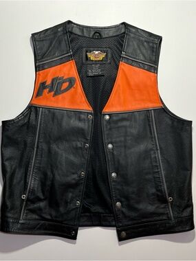 Harley Davidson Leather Vest, Men’s Large, Black/Orange